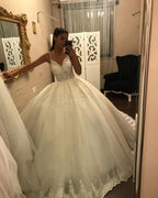 Long V-neck Spaghetti Straps Appliques Lace Tulle Ball Gown Wedding Dress