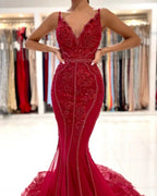 Long V-neck Tulle Lace Open Back Mermaid Prom Dress with Glitter