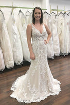 Long V-neck Wide Straps Lace Open Back Mermaid Wedding Dress