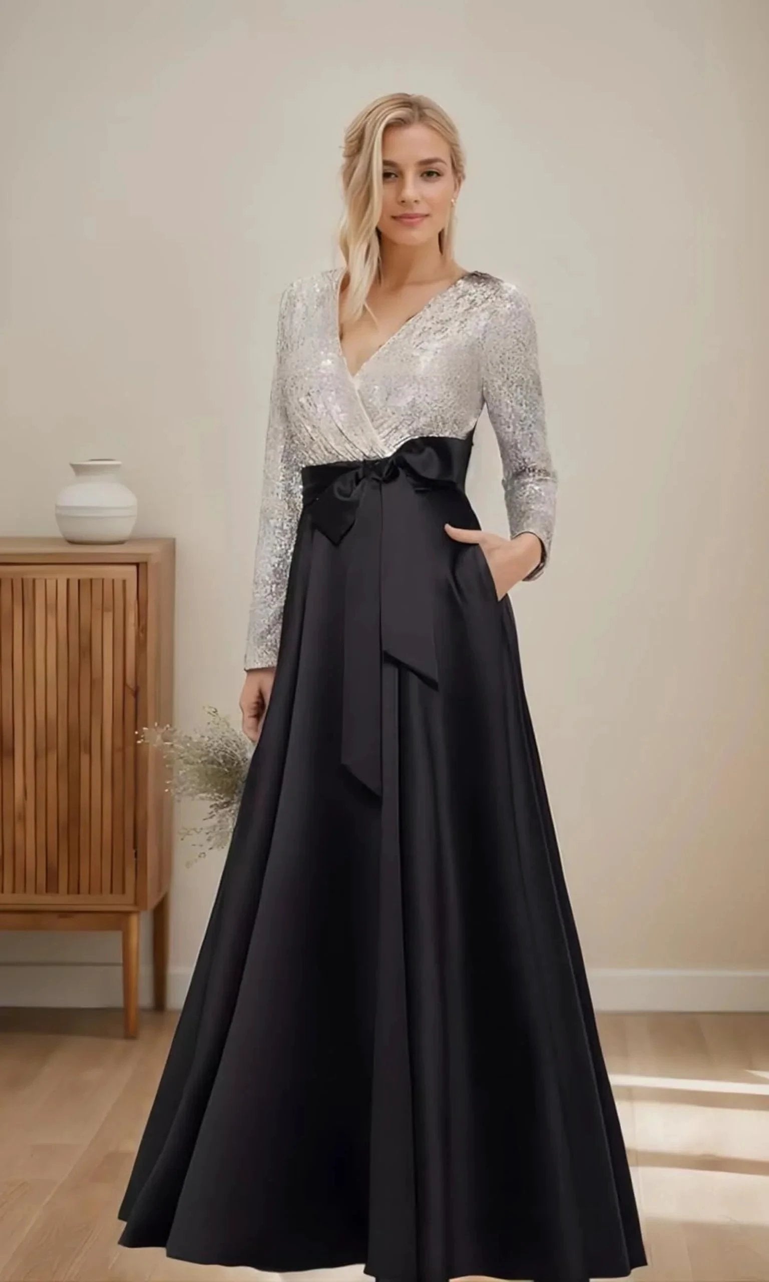 Long Sleeve Bow Dress Sequin Top Gown With A Bow