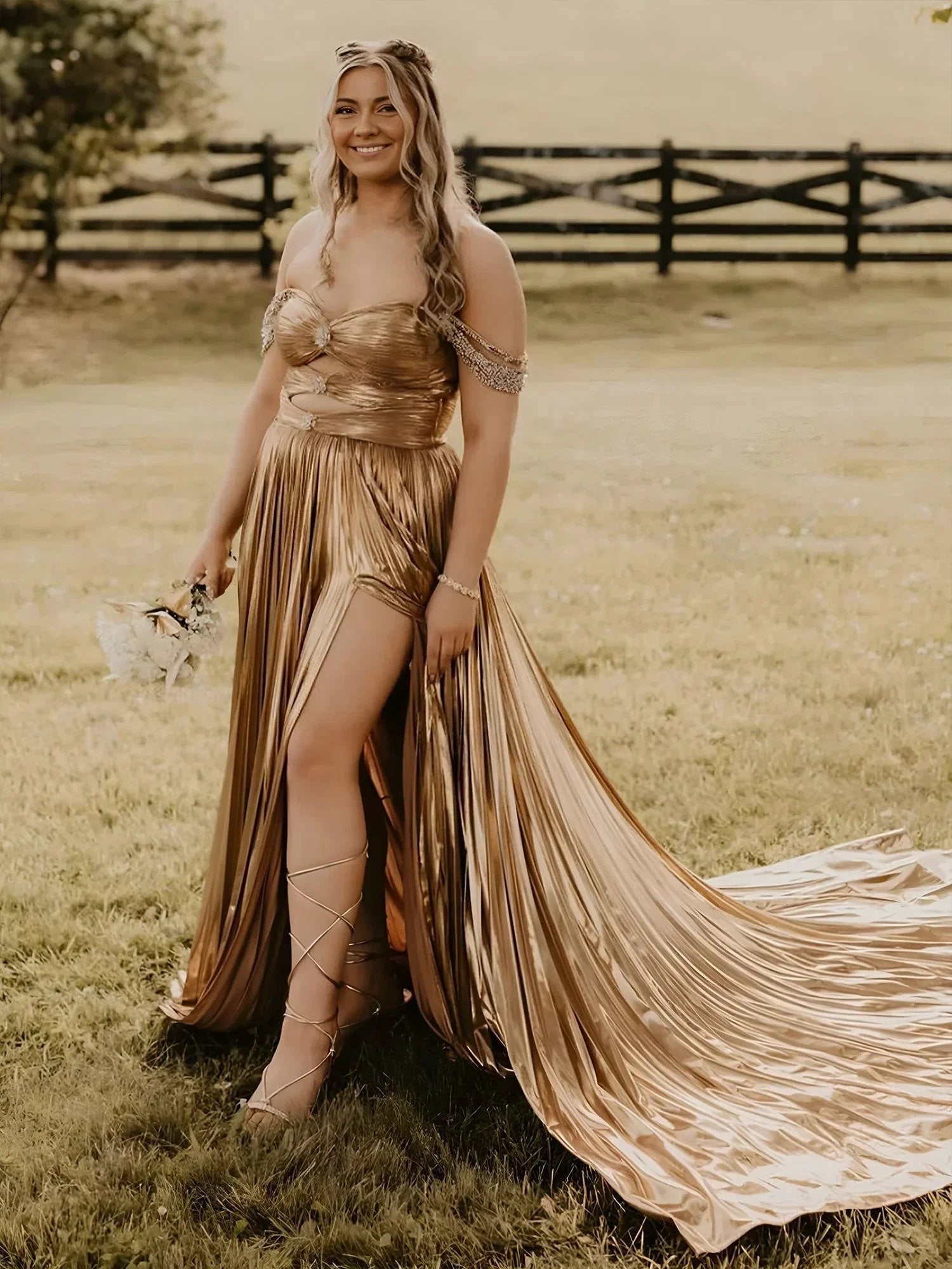 Lulu | Off the Shoulder Gold A-Line Metallic Pleated Long Formal Gown