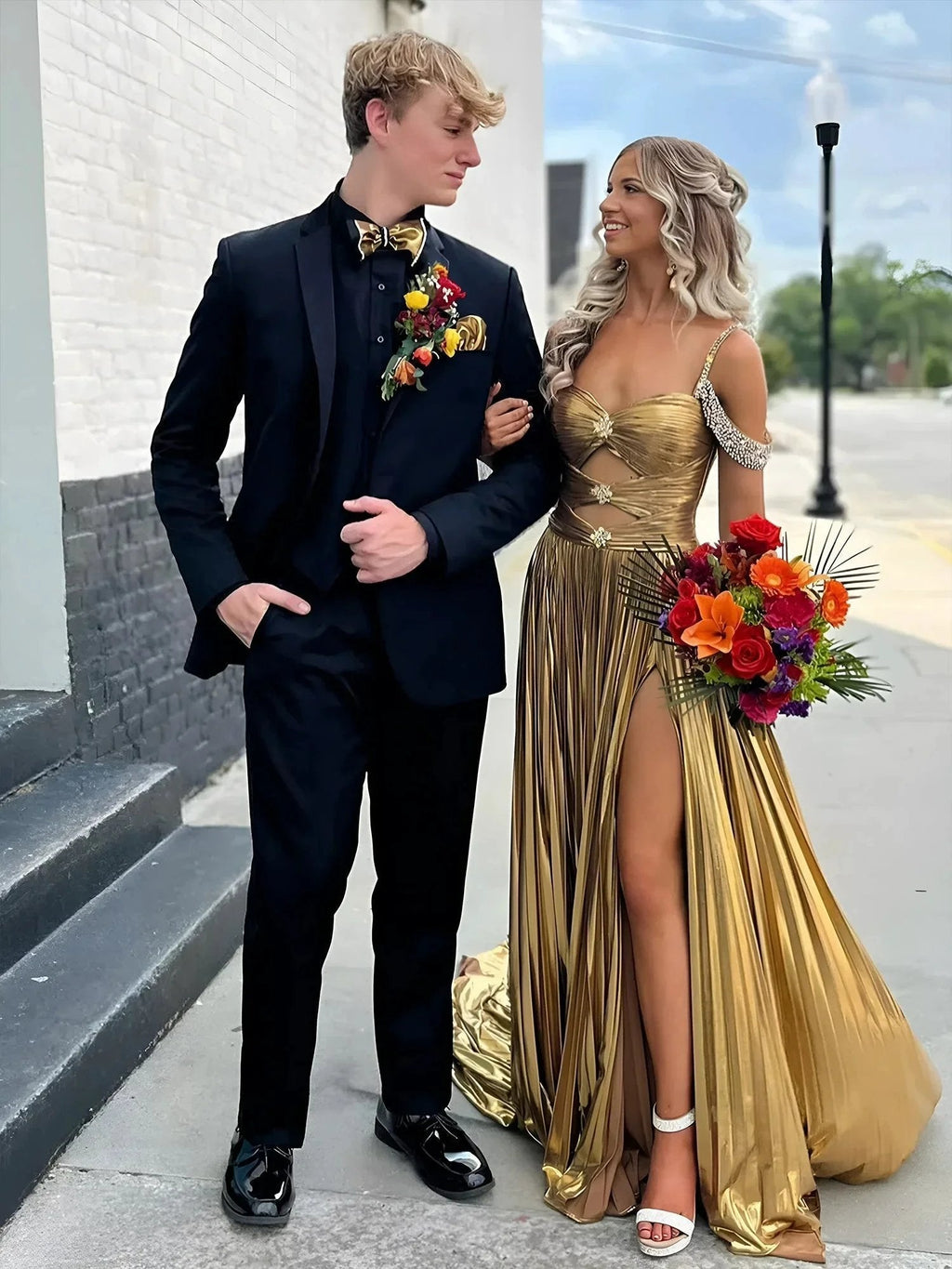Lulu | Off the Shoulder Gold A-Line Metallic Pleated Long Formal Gown