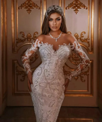 Luxurious Long Mermaid Sweetheart Satin Sweep Train Floral Appliques Wedding Dress with Sleeves