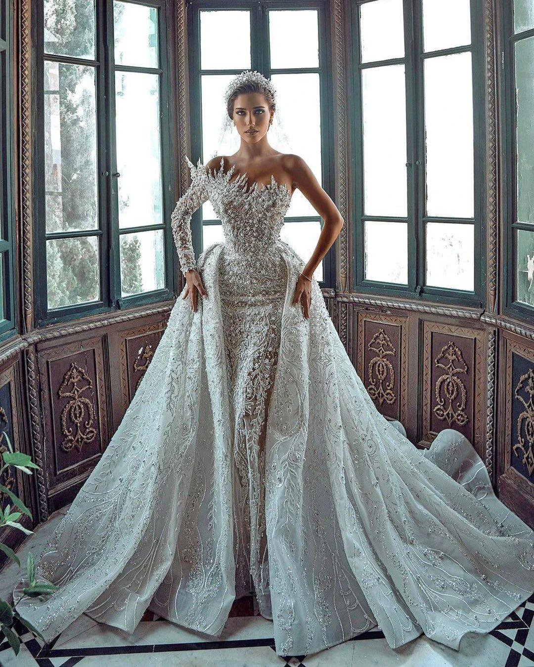 Luxurious Long White One Shoulder A-line Beading Pearls Long Sleeve Weeding Dress With Train