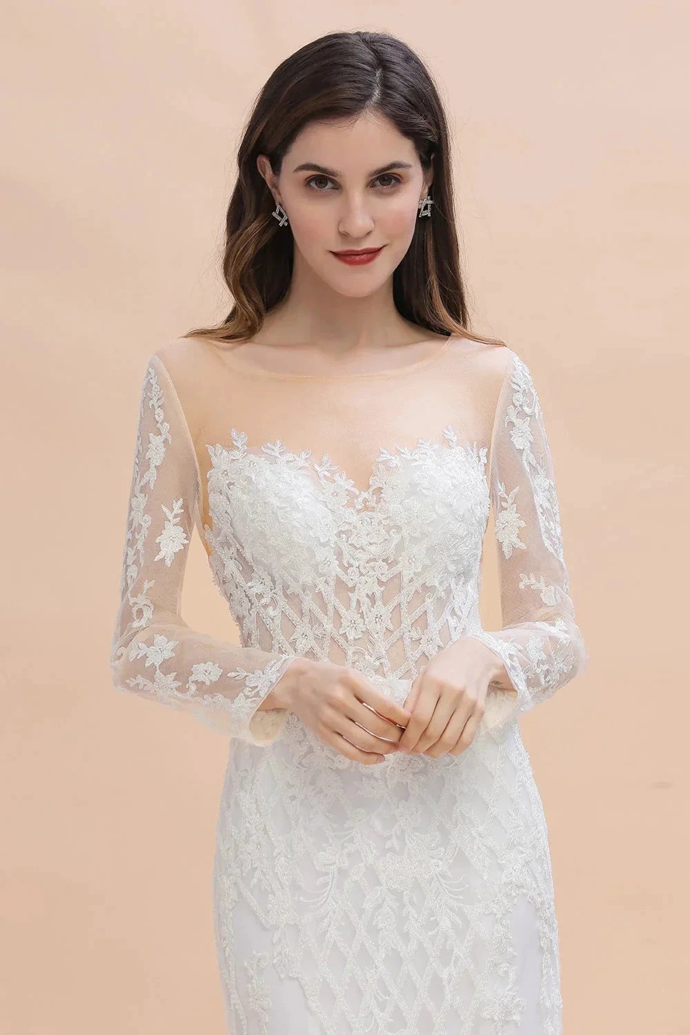 Luxury Beaded Lace Mermaid Wedding Dresses Tulle Appliques Bride Dresses with Detachable Train