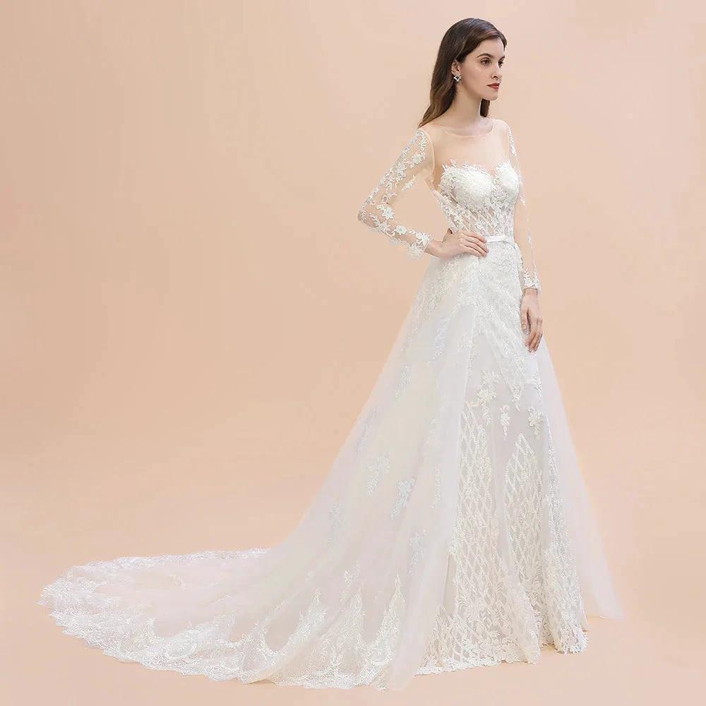 Luxury Beaded Lace Mermaid Wedding Dresses Tulle Appliques Bride Dresses with Detachable Train