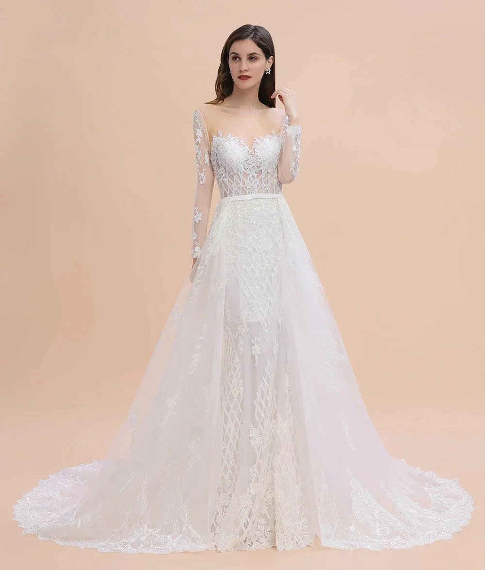 Luxury Beaded Lace Mermaid Wedding Dresses Tulle Appliques Bride Dresses with Detachable Train