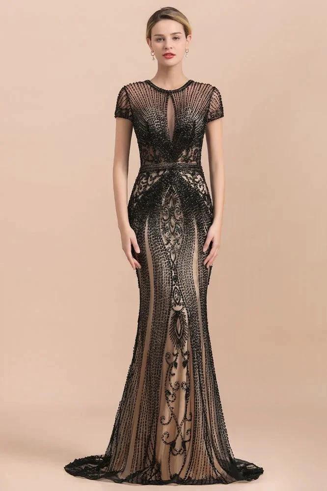 Luxury Black Covered Beaded Mermaid Prom Dress Cap Sleeves Party Dress