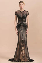 Luxury Black Covered Beaded Mermaid Prom Dress Cap Sleeves Party Dress
