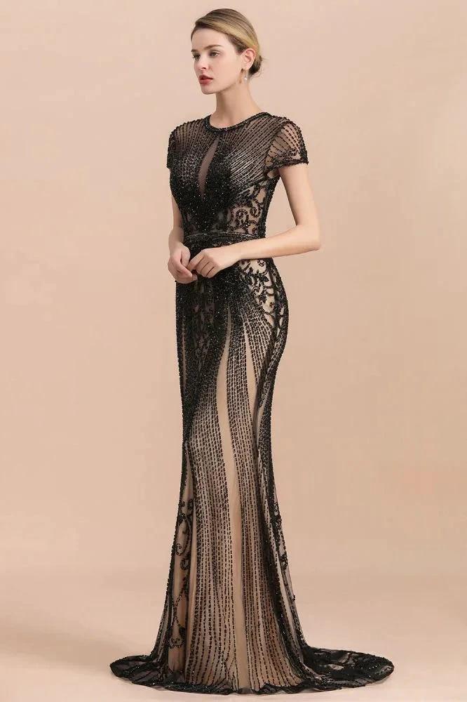 Luxury Black Covered Beaded Mermaid Prom Dress Cap Sleeves Party Dress