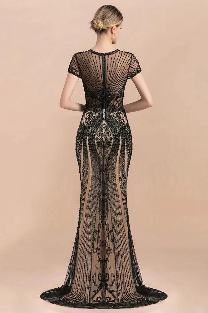 Luxury Black Covered Beaded Mermaid Prom Dress Cap Sleeves Party Dress
