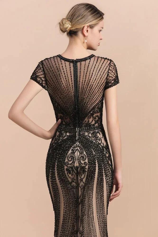 Luxury Black Covered Beaded Mermaid Prom Dress Cap Sleeves Party Dress