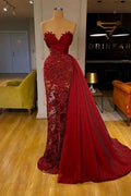 luxury Burgundy Detachable Train Mermaid Prom Dress with Lace