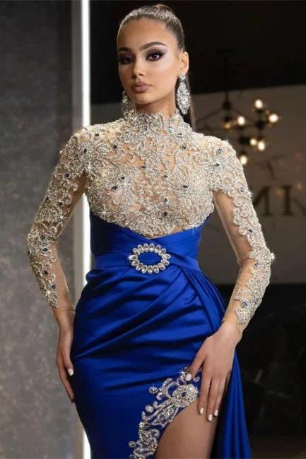 Luxury Halter Royal Blue Satin Mermaid Evening Maxi Dress Long Sleeves Crystals Gold Appliques Party Dress