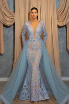 Luxury Long Blue Lace Mermaid Prom Dresses With Sleeves