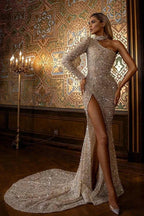 Luxury Long Mermaid One Shoulder Sequins Prom Dress With Slit