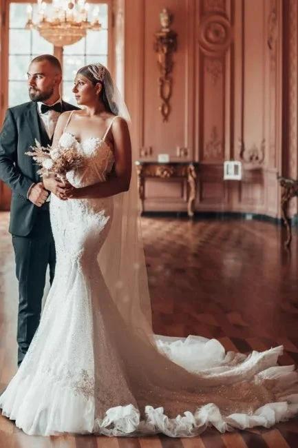 Luxury Long Mermaid Spaghetti Straps Glitter Wedding Dresses With Lace