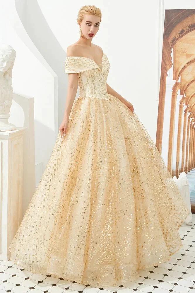 Luxury Off-the-Shoulder Tulle Ball Gown Sequins Princess Party Gown for Girls