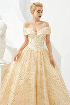 Luxury Off-the-Shoulder Tulle Ball Gown Sequins Princess Party Gown for Girls