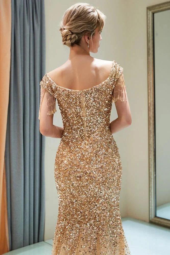 Luxury Off-the-shoulder V-neck Floor Length Sequins Evening Dress