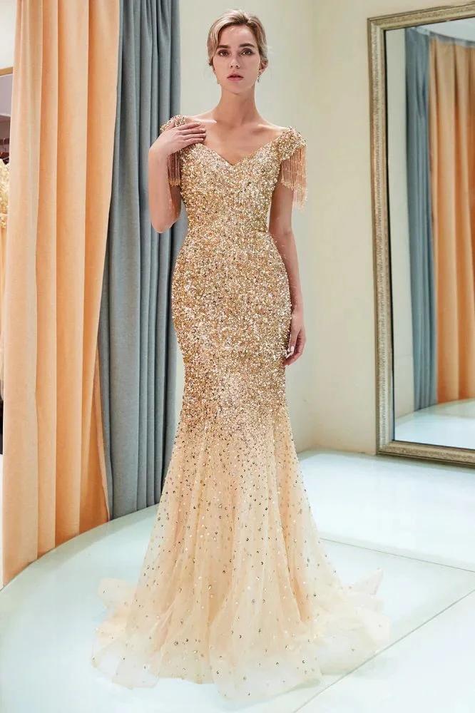 Luxury Off-the-shoulder V-neck Floor Length Sequins Evening Dress