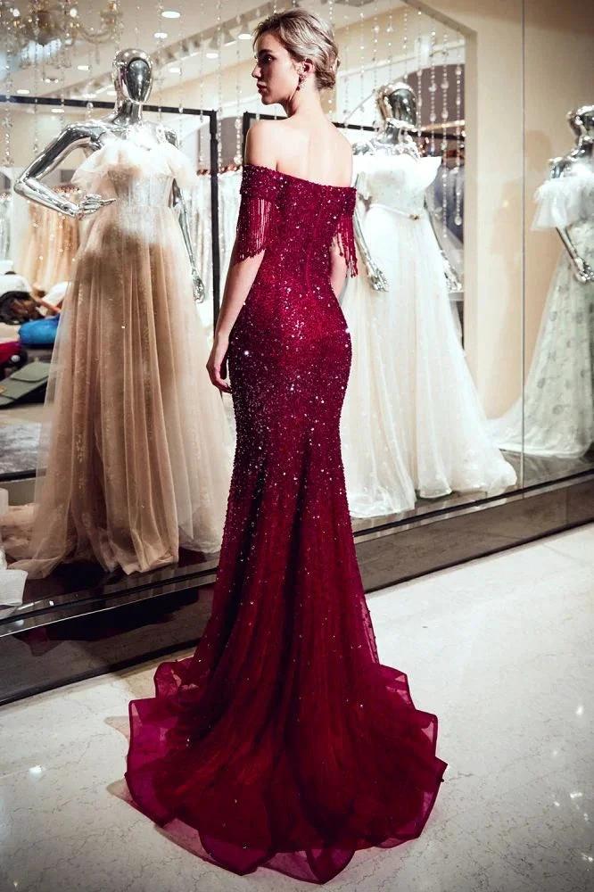 Luxury Off-the-shoulder V-neck Floor Length Sequins Evening Dress