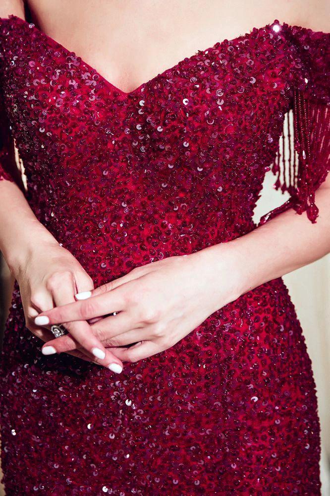 Luxury Off-the-shoulder V-neck Floor Length Sequins Evening Dress