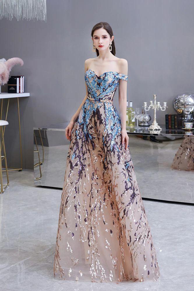 Luxury Sparkly Off-the-Shoulder Sequins Aline Prom Dress Floor Length