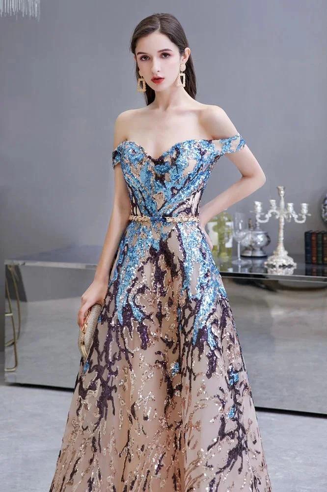Luxury Sparkly Off-the-Shoulder Sequins Aline Prom Dress Floor Length