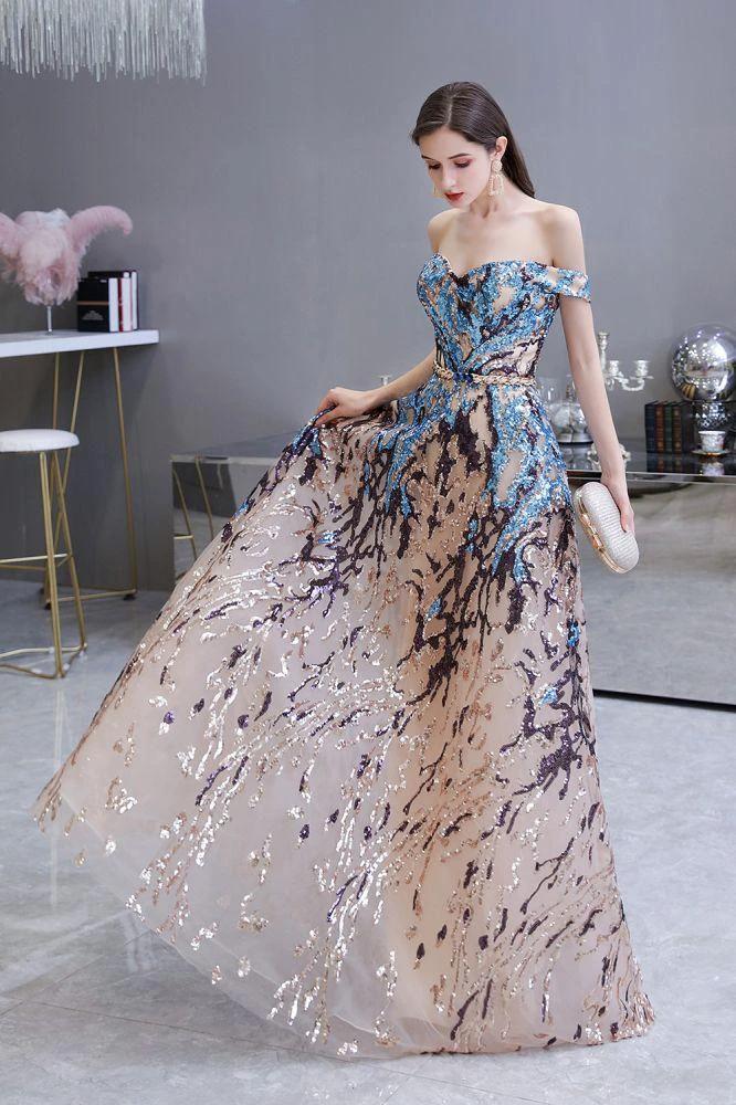 Luxury Sparkly Off-the-Shoulder Sequins Aline Prom Dress Floor Length