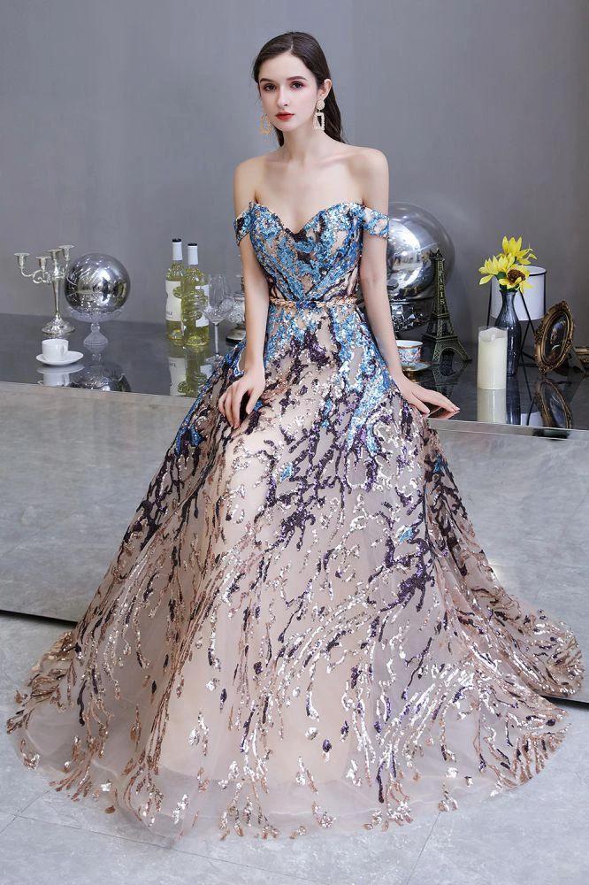 Luxury Sparkly Off-the-Shoulder Sequins Aline Prom Dress Floor Length