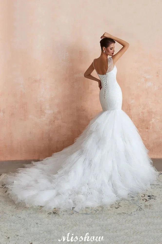 Luxury V-Neck Cap Sleeve Beach Lace up White Bridal Gowns with Sequins