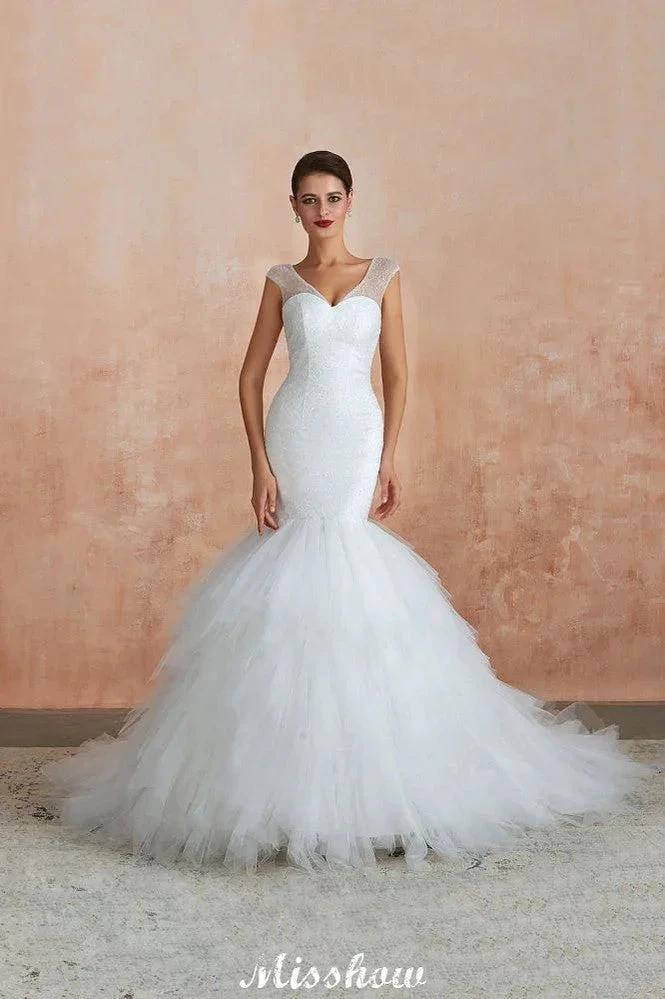 Luxury V-Neck Cap Sleeve Beach Lace up White Bridal Gowns with Sequins