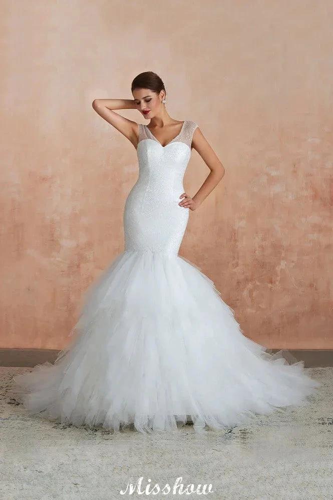 Luxury V-Neck Cap Sleeve Beach Lace up White Bridal Gowns with Sequins