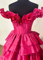 Madelynn | Off-Shoulder Ruched A-Line Layered Satin Prom Dress with Slit