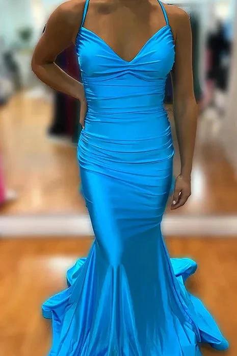 Barrie | Mermaid Spaghetti Straps Blue Satin Long Prom Dress with Criss Cross Back