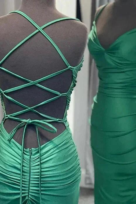 Barrie | Mermaid Spaghetti Straps Blue Satin Long Prom Dress with Criss Cross Back