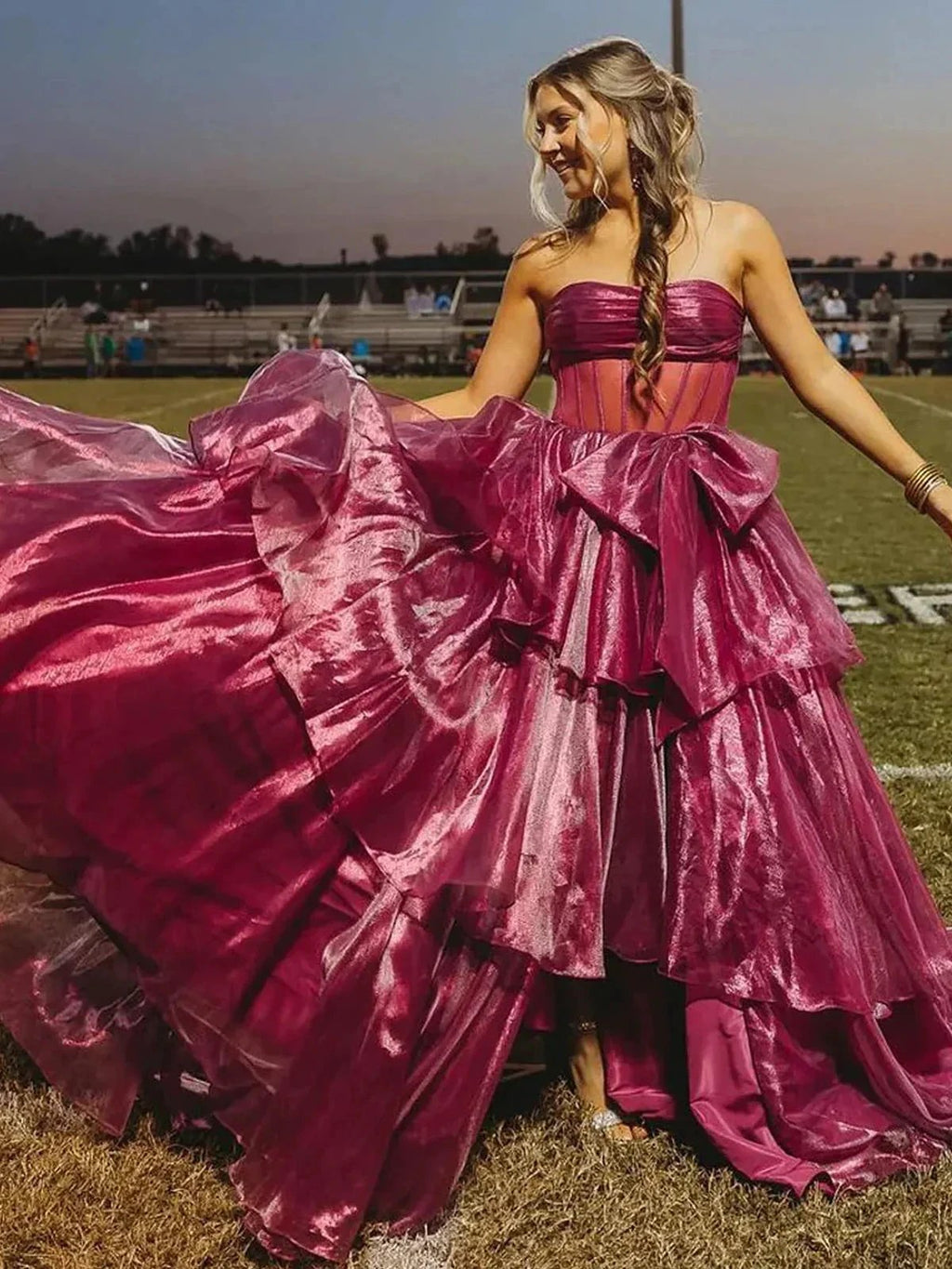 Malvis | Ball Gown Strapless Organza Long Prom Dresses with Bow