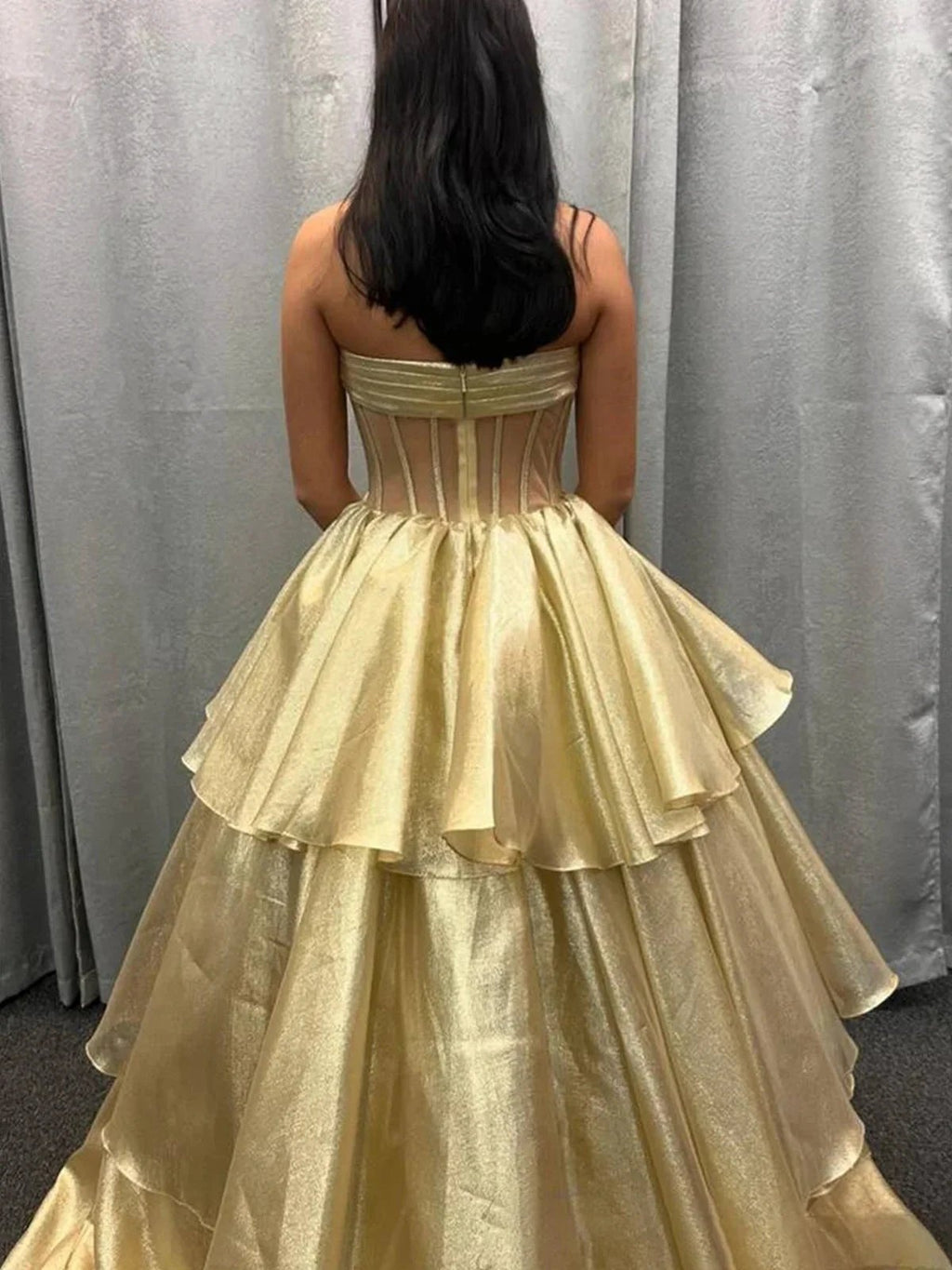 Malvis | Ball Gown Strapless Organza Long Prom Dresses with Bow