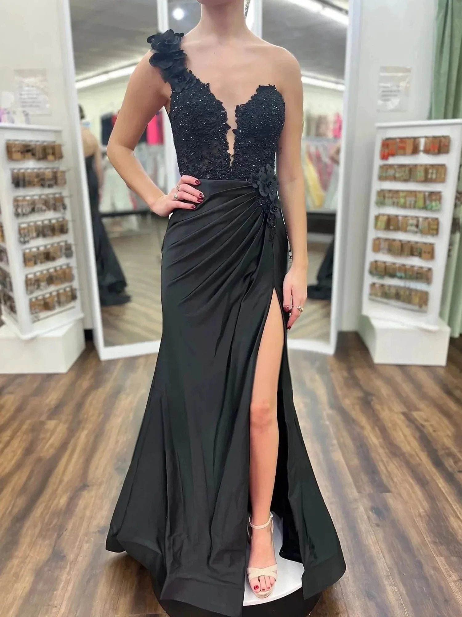Mandel|Red One-Shoulder 3D Floral Lace Pleated Long Gown with Slit