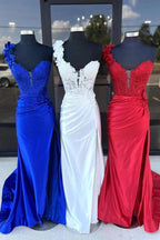 Mandel|Red One-Shoulder 3D Floral Lace Pleated Long Gown with Slit
