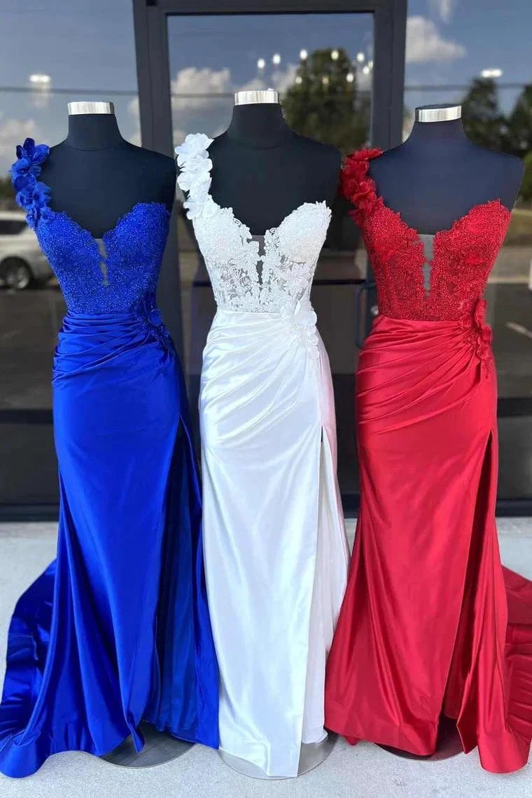 Mandel|Red One-Shoulder 3D Floral Lace Pleated Long Gown with Slit