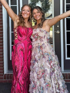 Maud | A-Line Strapless Floral Print Ruffle Long Prom Dress with Slit
