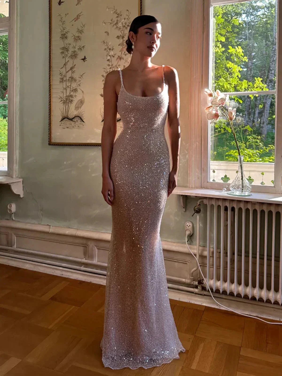McKoye| Simple Pink Mermaid Straps Sequin Prom Dresses With Split