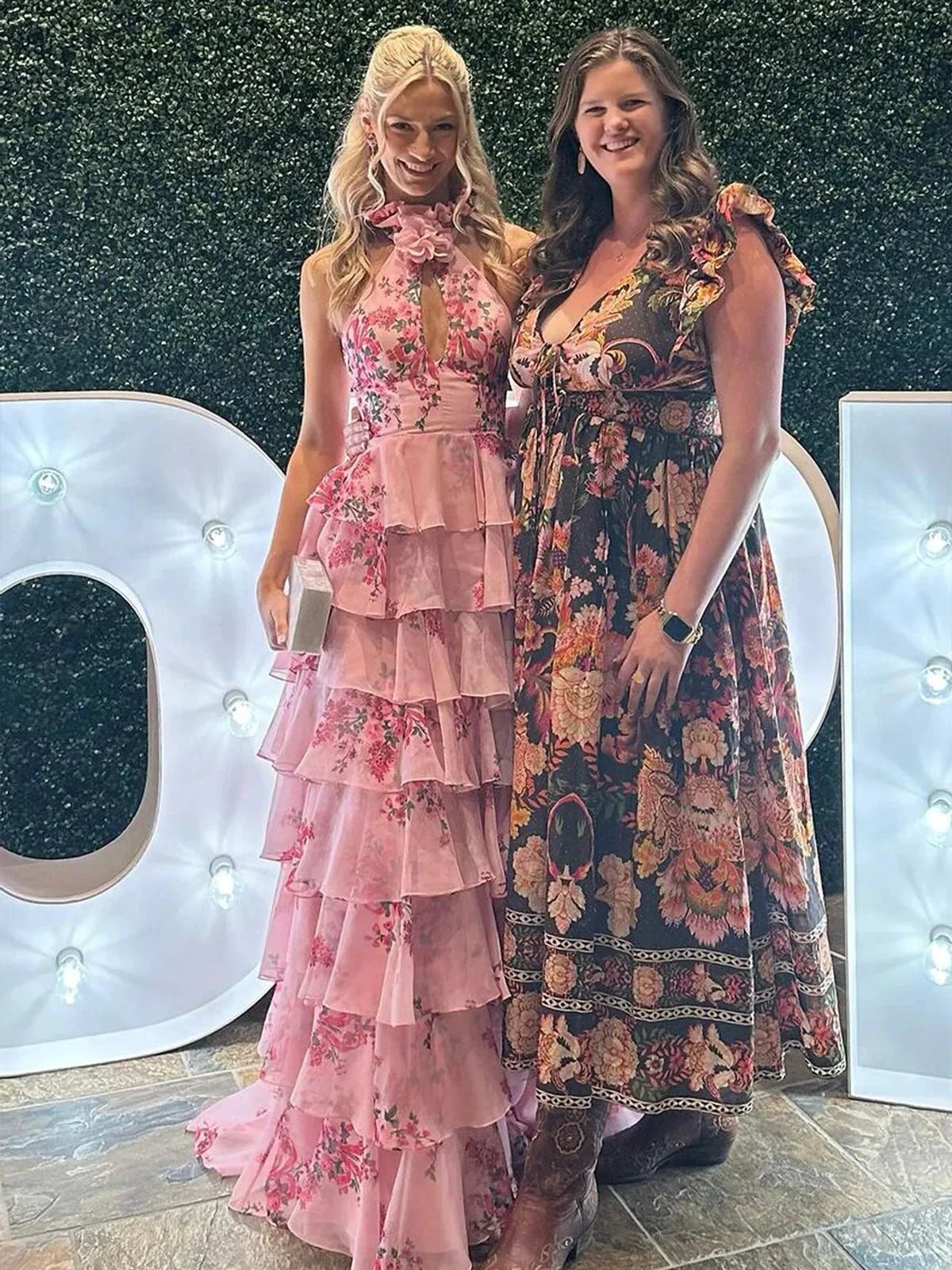 Melinda | Pink A Line Hatler Floral Chiffon Tiered Long Prom Dress