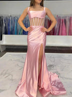 Melo | Straps Hot Pink Pleated Mermaid Prom Dress with Slit
