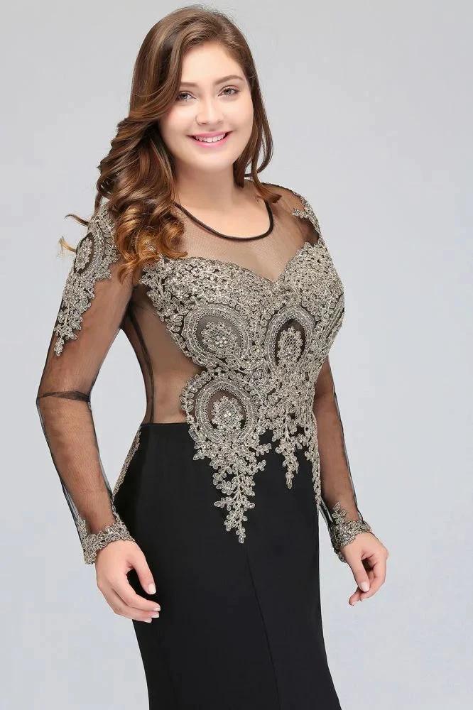 Mermaid Crew Floor Length Plus size Long Sleeves Evening Dresses with Appliques