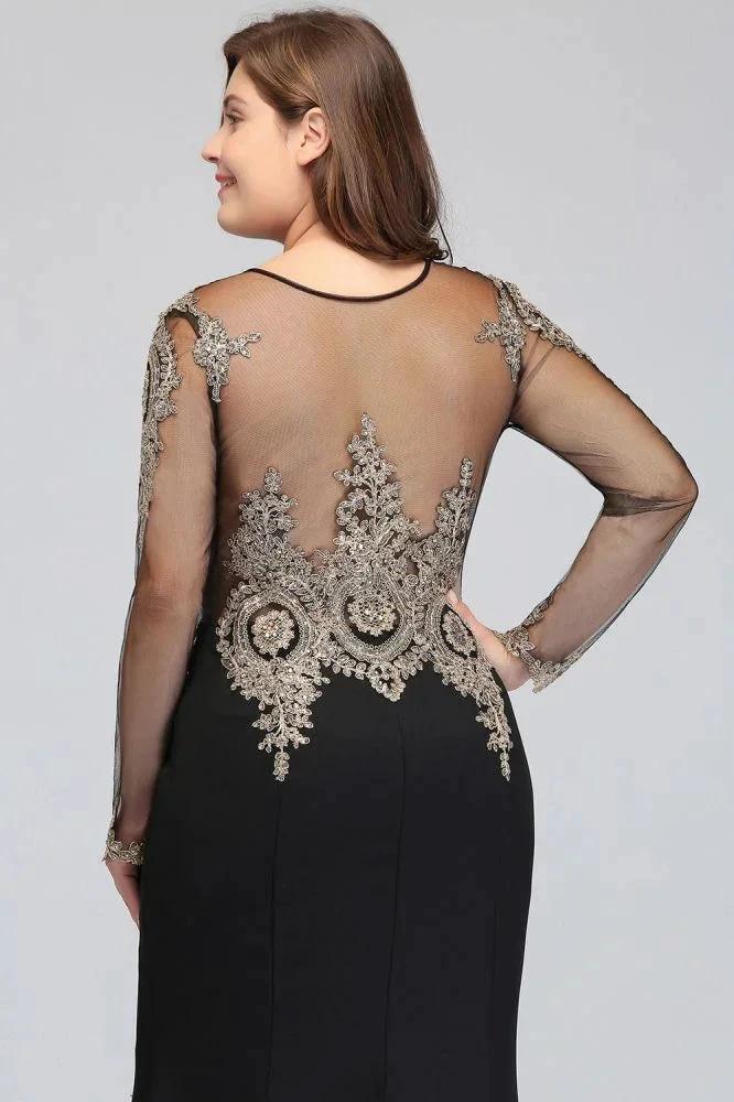 Mermaid Crew Floor Length Plus size Long Sleeves Evening Dresses with Appliques