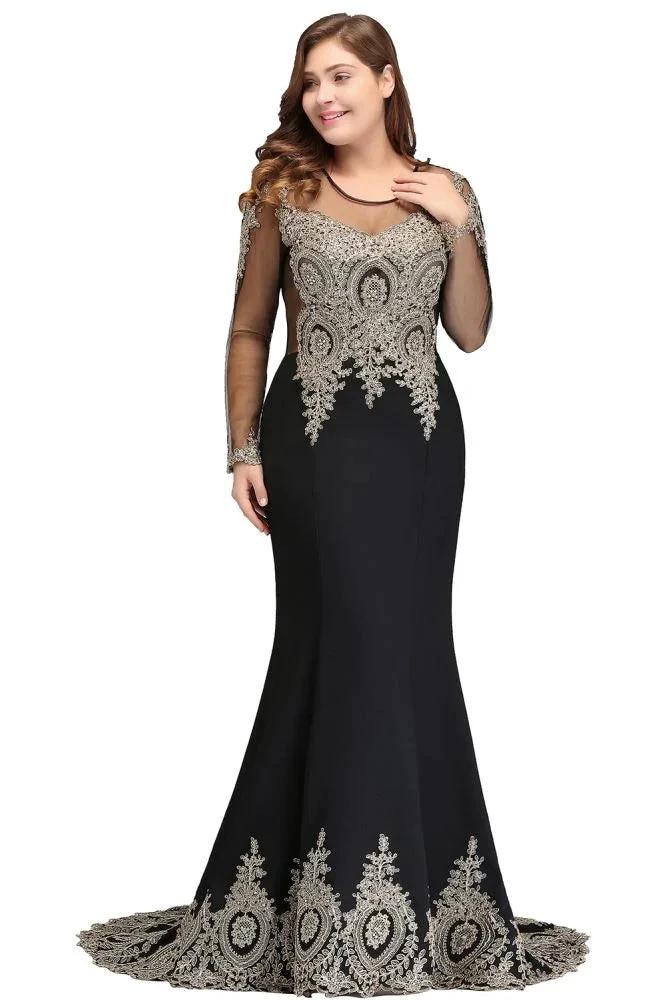 Mermaid Crew Floor Length Plus size Long Sleeves Evening Dresses with Appliques