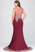 Mermaid Crew Floor Length Sleeveless Appliques Burgundy Evening Dresses